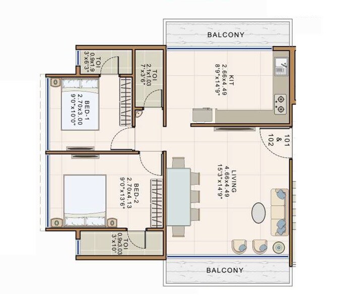 Floor plan of 2 BHK 627 Sq. Ft. Apartment in Ashtavinayak Sai Shrushti, Navi Mumbai