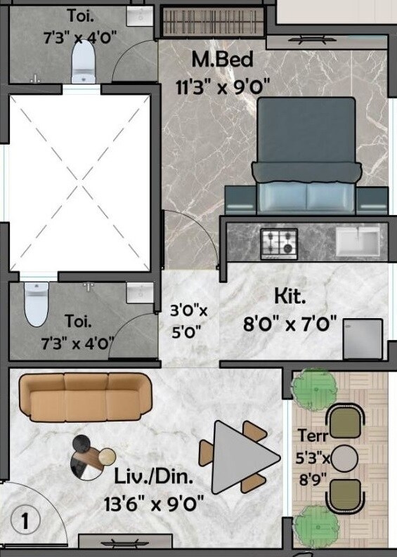 Floor plan of 1 BHK 418 Sq. Ft. Apartment in Ashtvinayak Sarvam, Navi Mumbai