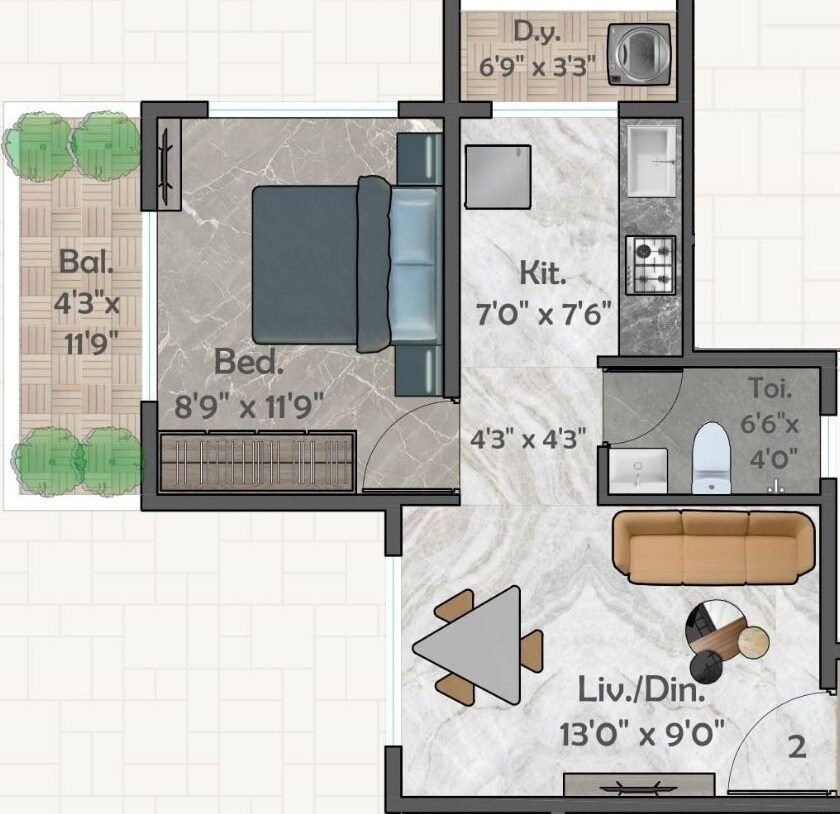 Floor plan of 1 BHK 466 Sq. Ft. Apartment in Ashtvinayak Sarvam, Navi Mumbai