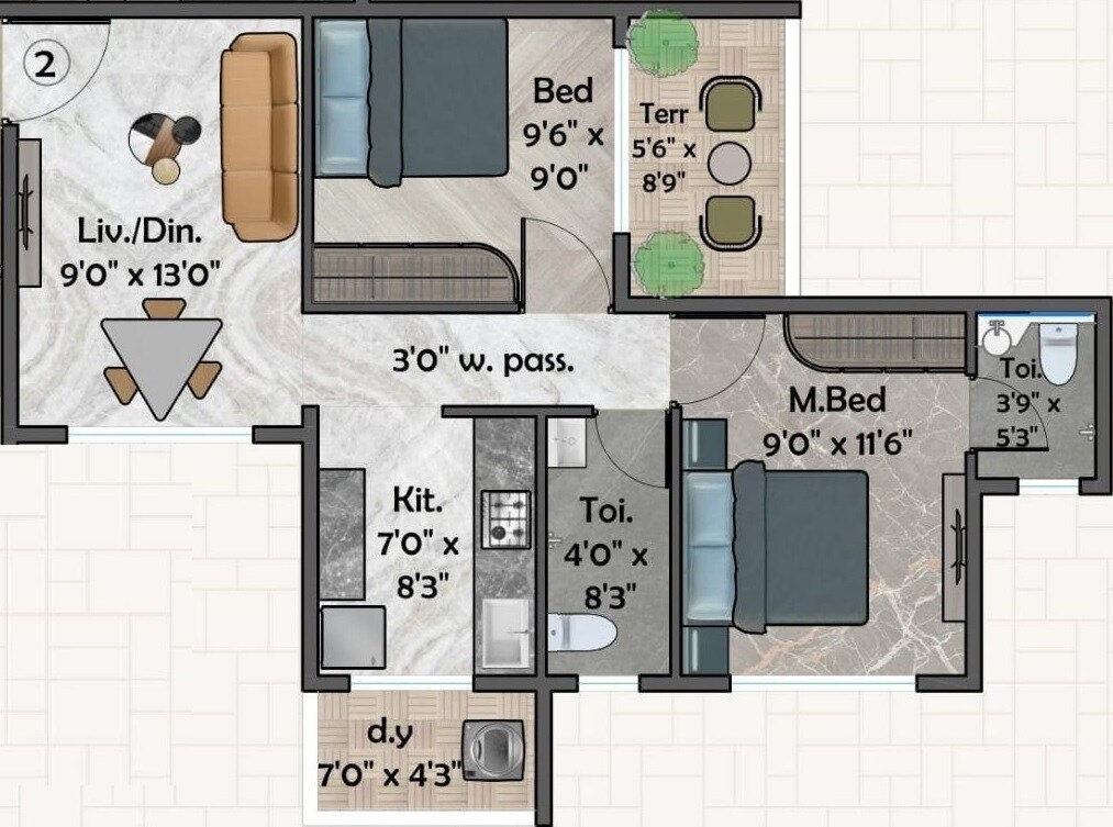 Floor plan of 2 BHK 484 Sq. Ft. Apartment in Ashtvinayak Sarvam, Navi Mumbai