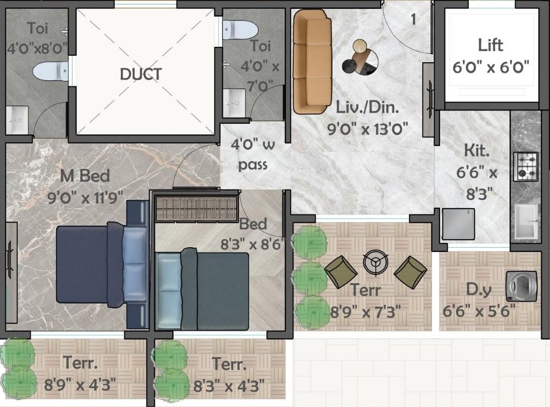 Floor plan of 2 BHK 507 Sq. Ft. Apartment in Ashtvinayak Sarvam, Navi Mumbai