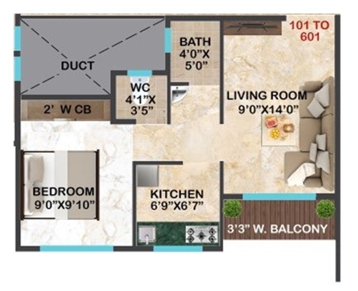 Floor plan of 1 BHK 356 Sq. Ft. Apartment in Asra Noble Apartments, Navi Mumbai