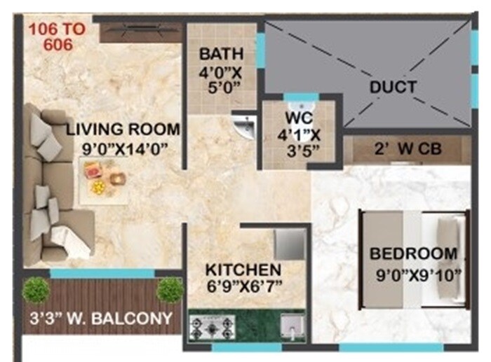 Floor plan of 1 BHK 375 Sq. Ft. Apartment in Asra Noble Apartments, Navi Mumbai