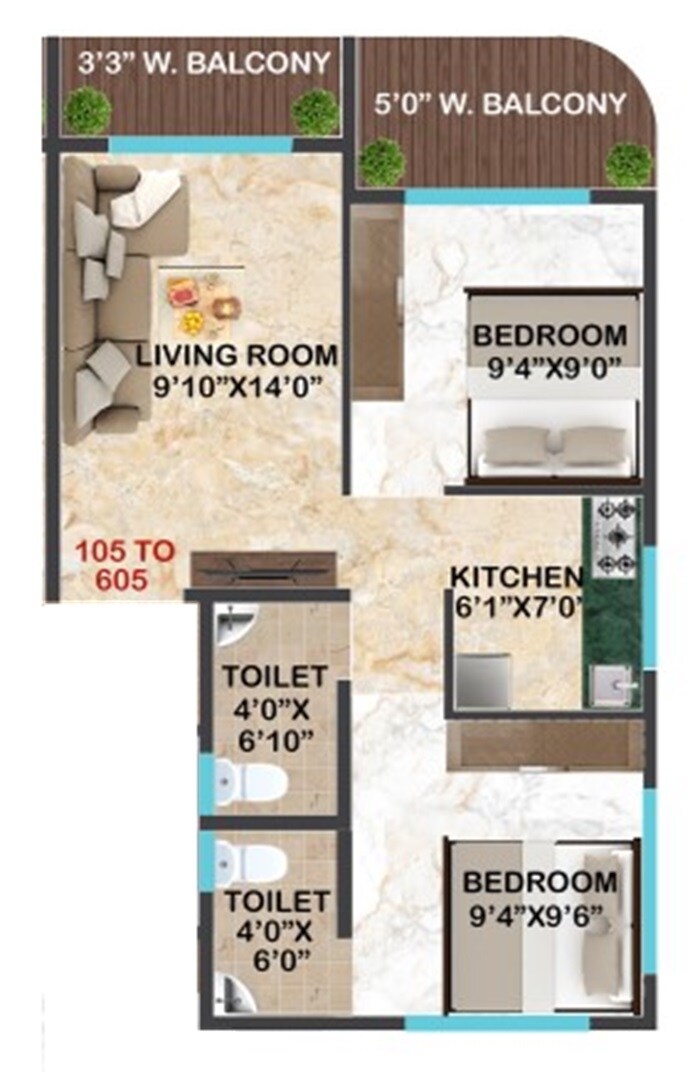 Floor plan of 2 BHK 437 Sq. Ft. Apartment in Asra Noble Apartments, Navi Mumbai