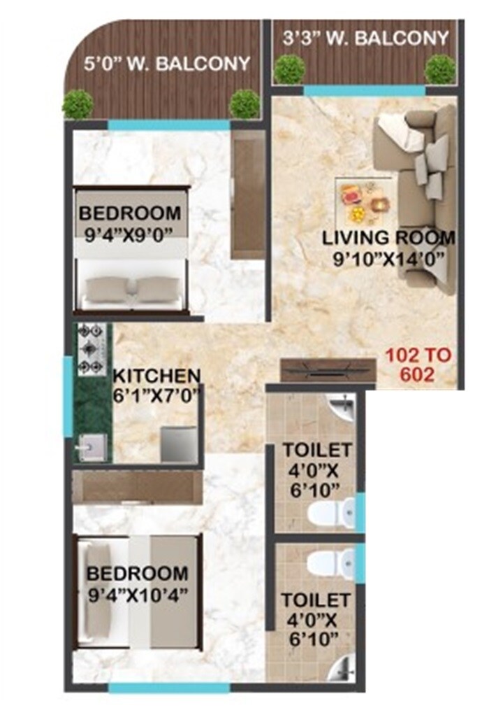 Floor plan of 2 BHK 541 Sq. Ft. Apartment in Asra Noble Apartments, Navi Mumbai