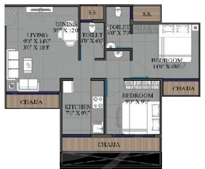 Floor plan of 2 BHK Apartment - 398 sq. ft. in Aura Luxisca, Navi Mumbai