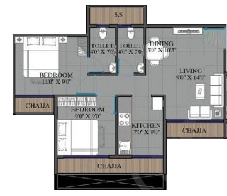 Floor plan of 2 BHK Apartment - 415 sq. ft. in Aura Luxisca, Navi Mumbai