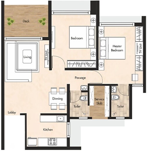 Floor plan of 2 BHK 643 Sq. Ft. Apartment in Aurum Q Islands, Navi Mumbai