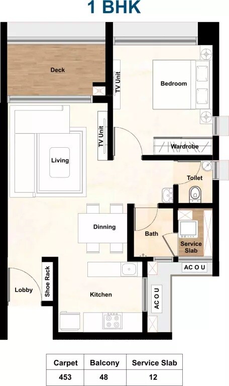 Floor plan of 1 BHK 453 Sq. Ft. Apartment in Aurum Q Residences, Navi Mumbai