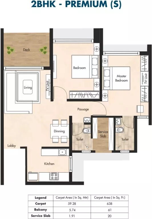Floor plan of 2 BHK 638 Sq. Ft. Apartment in Aurum Q Residences, Navi Mumbai