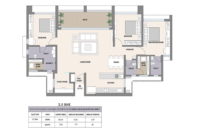 Floor plan of 3 BHK 1112 Sq. Ft. Apartment in Aurum Q Residences, Navi Mumbai
