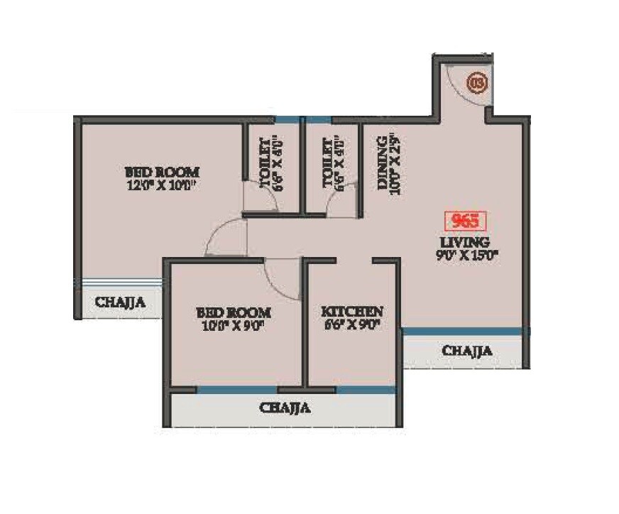 Floor plan of 2 BHK 556 Sq. Ft. Apartment in Aurus LA Avenue, Navi Mumbai
