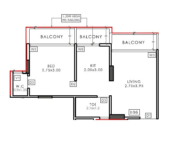 Floor plan of 1 BHK 313 Sq. Ft. Apartment in Autumn Breeze, Navi Mumbai