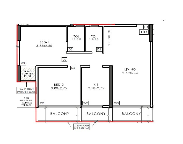 Floor plan of 2 BHK 513 Sq. Ft. Apartment in Autumn Breeze, Navi Mumbai