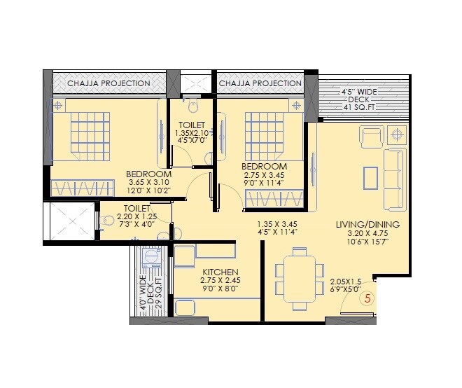 Floor plan of 2 BHK 750 Sq. Ft. Apartment in Avenue Hills, Navi Mumbai