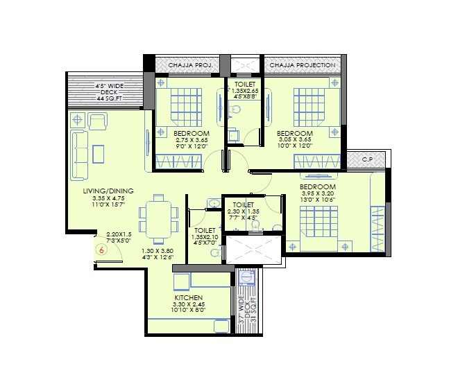 Floor plan of 3 BHK 1030 Sq. Ft. Apartment in Avenue Hills, Navi Mumbai