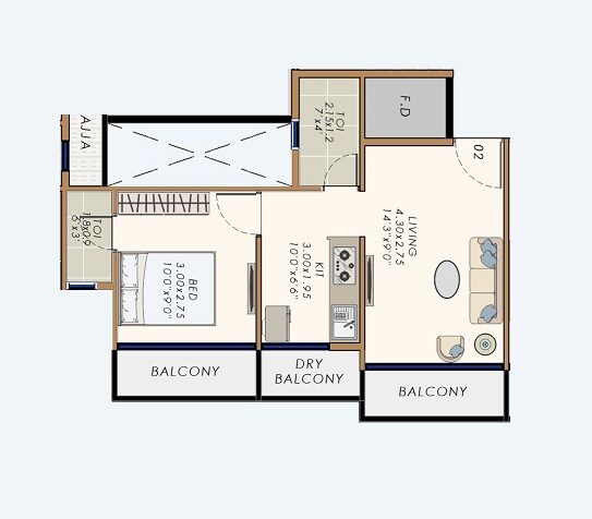 Floor plan of 1 BHK 314 Sq. Ft. Apartment in Ayati Angan, Navi Mumbai