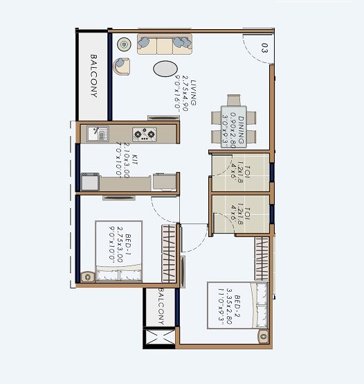 Floor plan of 2 BHK 465 Sq. Ft. Apartment in Ayati Angan, Navi Mumbai