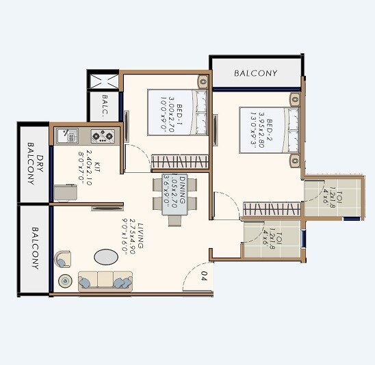 Floor plan of 2 BHK 502 Sq. Ft. Apartment in Ayati Angan, Navi Mumbai