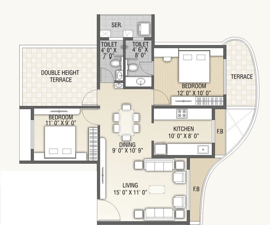 Floor plan of 2 BHK 1195 Sq. Ft. Apartment in B & M Atlantis, Navi Mumbai