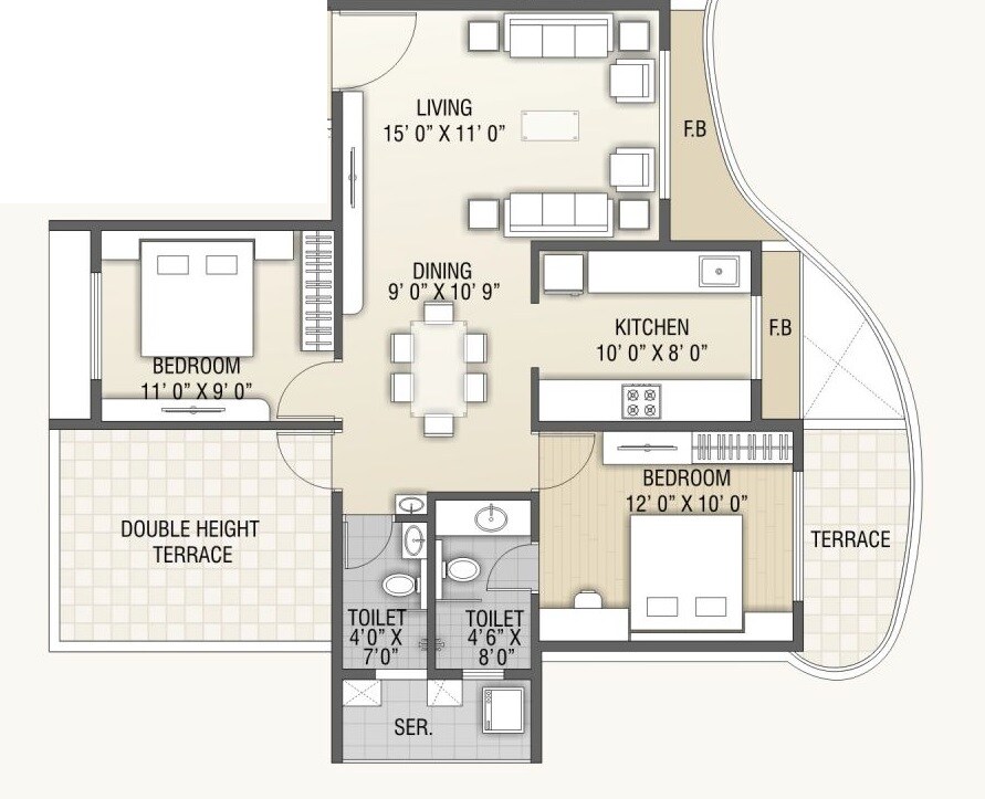 Floor plan of 2 BHK 1300 Sq. Ft. Apartment in B & M Atlantis, Navi Mumbai