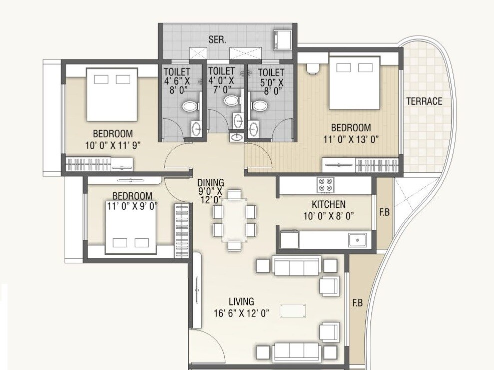 Floor plan of 3 BHK 1525 Sq. Ft. Apartment in B & M Atlantis, Navi Mumbai