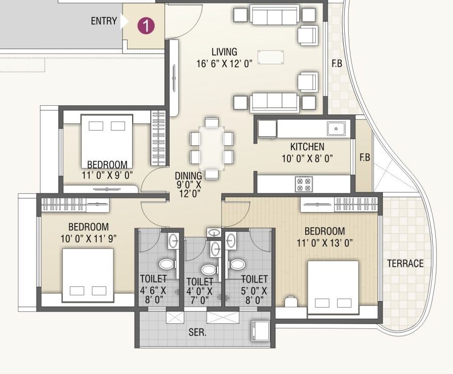Floor plan of 3 BHK 1775 Sq. Ft. Apartment in B & M Atlantis, Navi Mumbai