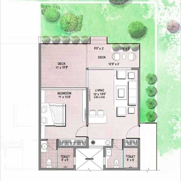 Floor plan of 1 BHK 593 Sq. Ft. Apartment in B Qubes Holiday Maiyaan Karjat, Navi Mumbai