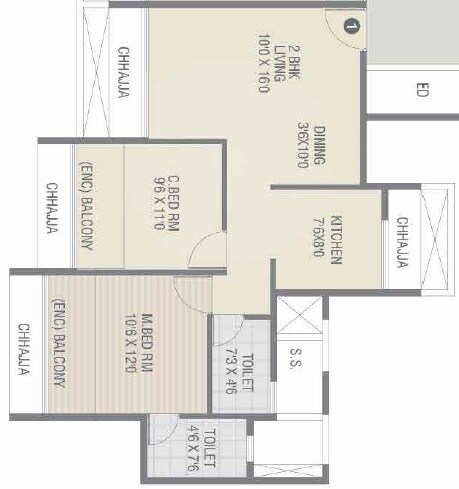 Floor plan of 2 BHK 484 Sq. Ft. Apartment in Balaji Delta Central, Navi Mumbai