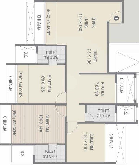 Floor plan of 3 BHK 689 Sq. Ft. Apartment in Balaji Delta Central, Navi Mumbai