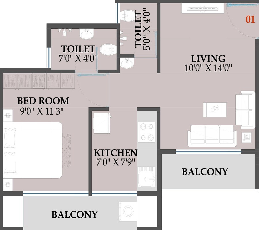 Floor plan of 1 BHK 396 Sq. Ft. Apartment in Balaji Palms, Navi Mumbai