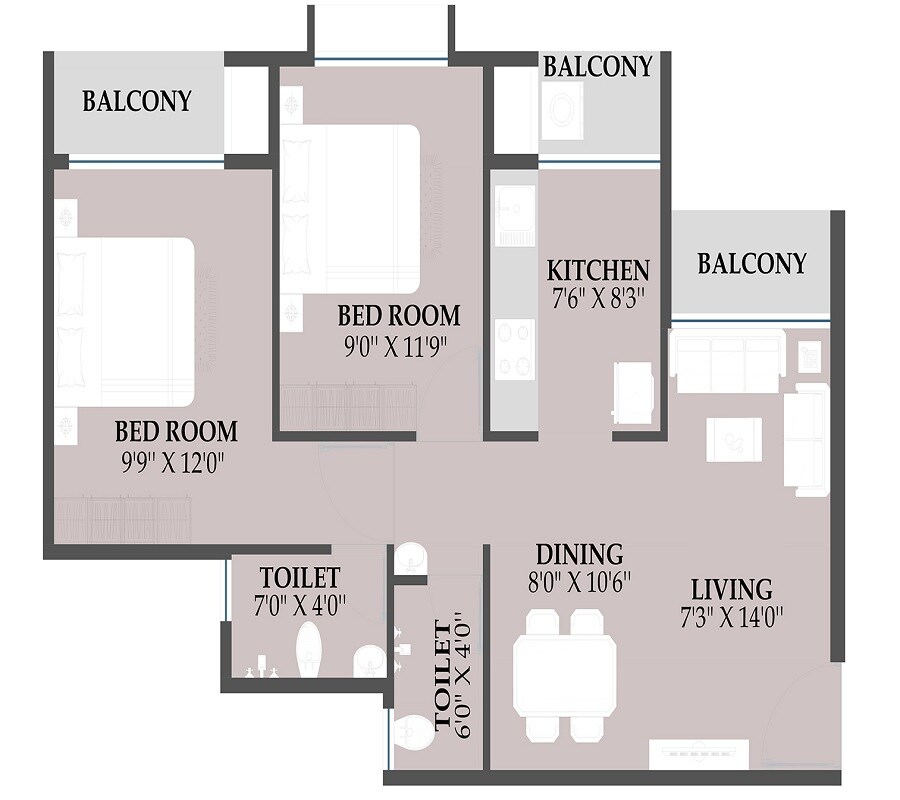 Floor plan of 2 BHK 497 Sq. Ft. Apartment in Balaji Palms, Navi Mumbai