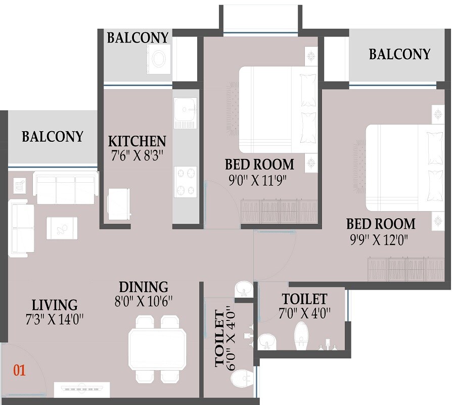 Floor plan of 2 BHK 576 Sq. Ft. Apartment in Balaji Palms, Navi Mumbai