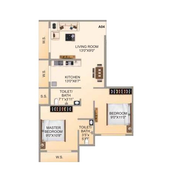 2 BHK 489 Sq. Ft. Apartment