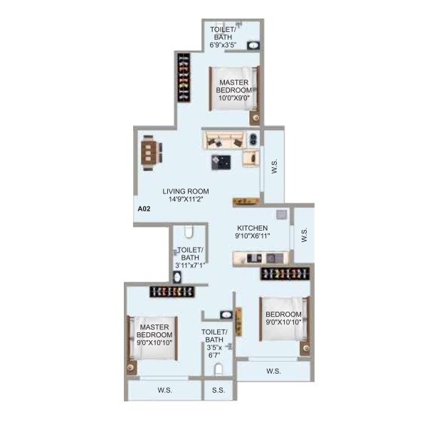 3 BHK 686 Sq. Ft. Apartment
