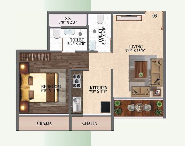 Floor plan of 1 BHK 319 Sq. Ft. Apartment in Balaji The Ambience, Navi Mumbai