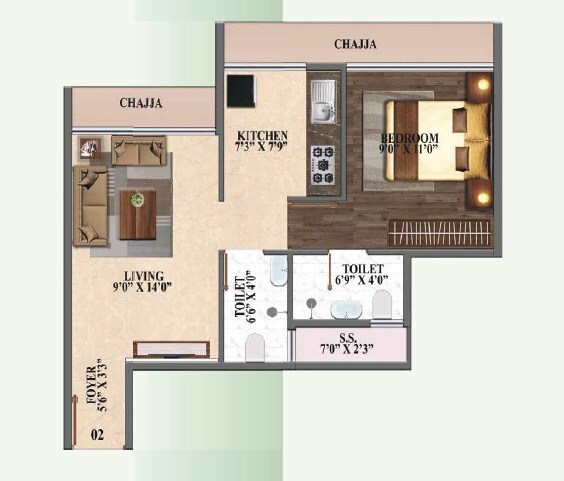 Floor plan of 1 BHK 406 Sq. Ft. Apartment in Balaji The Ambience, Navi Mumbai