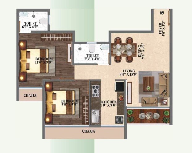 Floor plan of 2 BHK 589 Sq. Ft. Apartment in Balaji The Ambience, Navi Mumbai