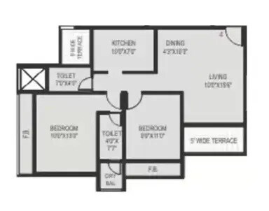 Floor plan of 2 BHK 459 Sq. Ft. Apartment in Bathija Tulsa Namdev Residency, Navi Mumbai