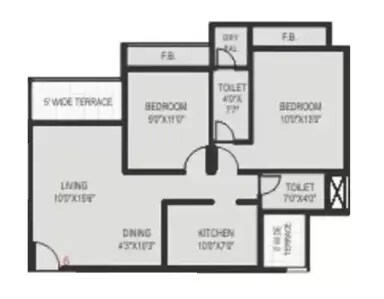 Floor plan of 2 BHK 468 Sq. Ft. Apartment in Bathija Tulsa Namdev Residency, Navi Mumbai