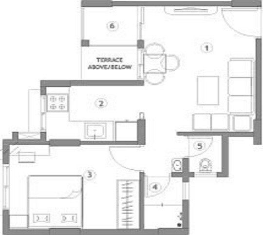 Floor plan of 1 BHK 337 Sq. Ft. Apartment in Belmac Riverside Phase 2, Navi Mumbai