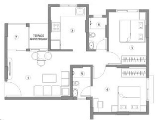 Floor plan of 2 BHK 475 Sq. Ft. Apartment in Belmac Riverside Phase 2, Navi Mumbai