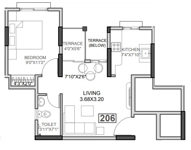 Floor plan of 1 BHK 405 Sq. Ft. Apartment in Belmac Riverside Phase 3 A, Navi Mumbai