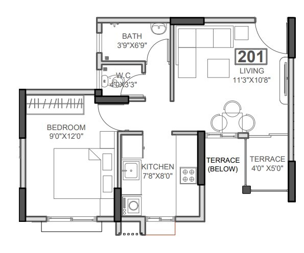 Floor plan of 1 BHK 417 Sq. Ft. Apartment in Belmac Riverside Phase 3 A, Navi Mumbai