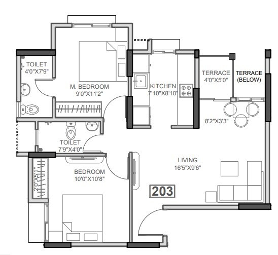 Floor plan of 2 BHK 585 Sq. Ft. Apartment in Belmac Riverside Phase 3 A, Navi Mumbai