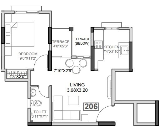 Floor plan of 2 BHK 633 Sq. Ft. Apartment in Belmac Riverside Phase 3 A, Navi Mumbai
