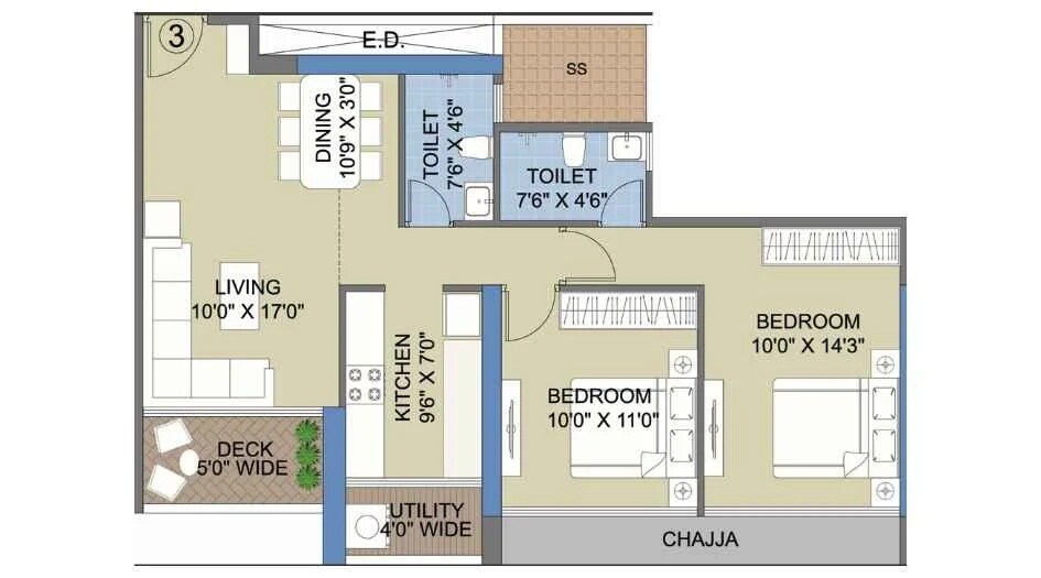 Floor plan of 2 BHK 679 Sq. Ft. Apartment in Bhagwati Celestria, Navi Mumbai