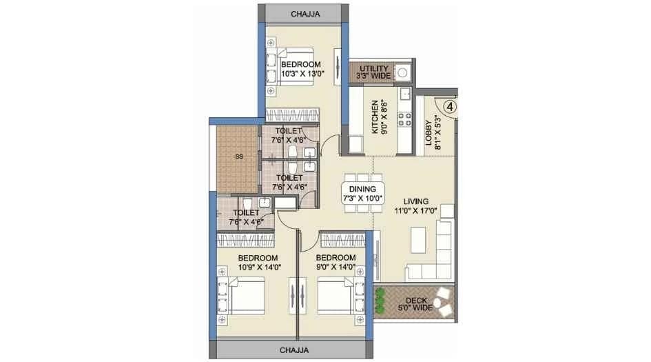Floor plan of 3 BHK 954 Sq. Ft. Apartment in Bhagwati Celestria, Navi Mumbai