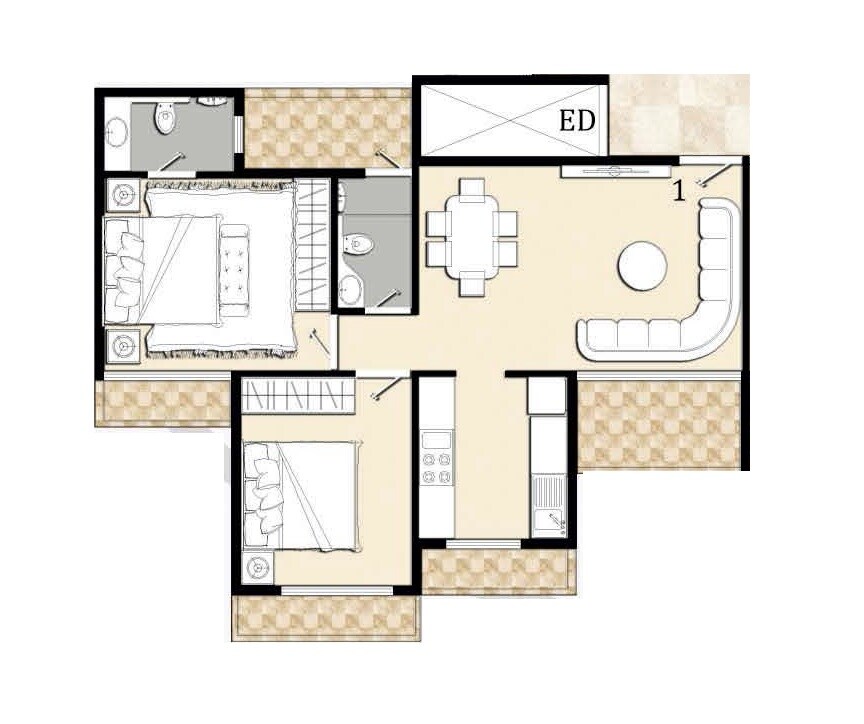 Floor plan of 2 BHK 377 Sq. Ft. Apartment in Bhagwati Eleganza, Navi Mumbai