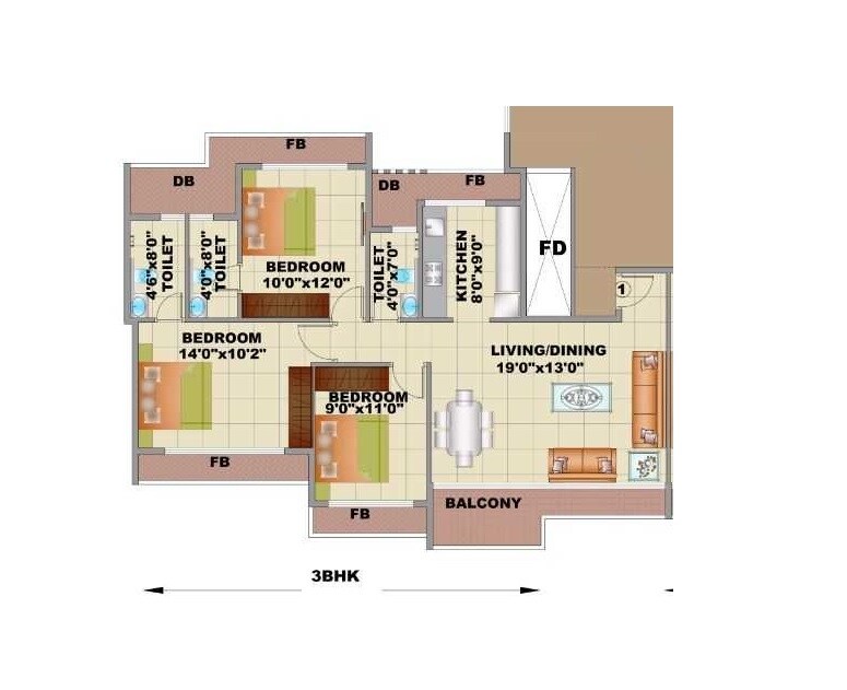 Floor plan of 3 BHK 615 Sq. Ft. Apartment in Bhagwati Eleganza, Navi Mumbai